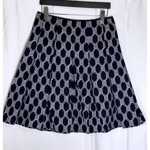 Jones New York Signature Navy White Geometric Pleated A-Line Cotton Skirt Size 8